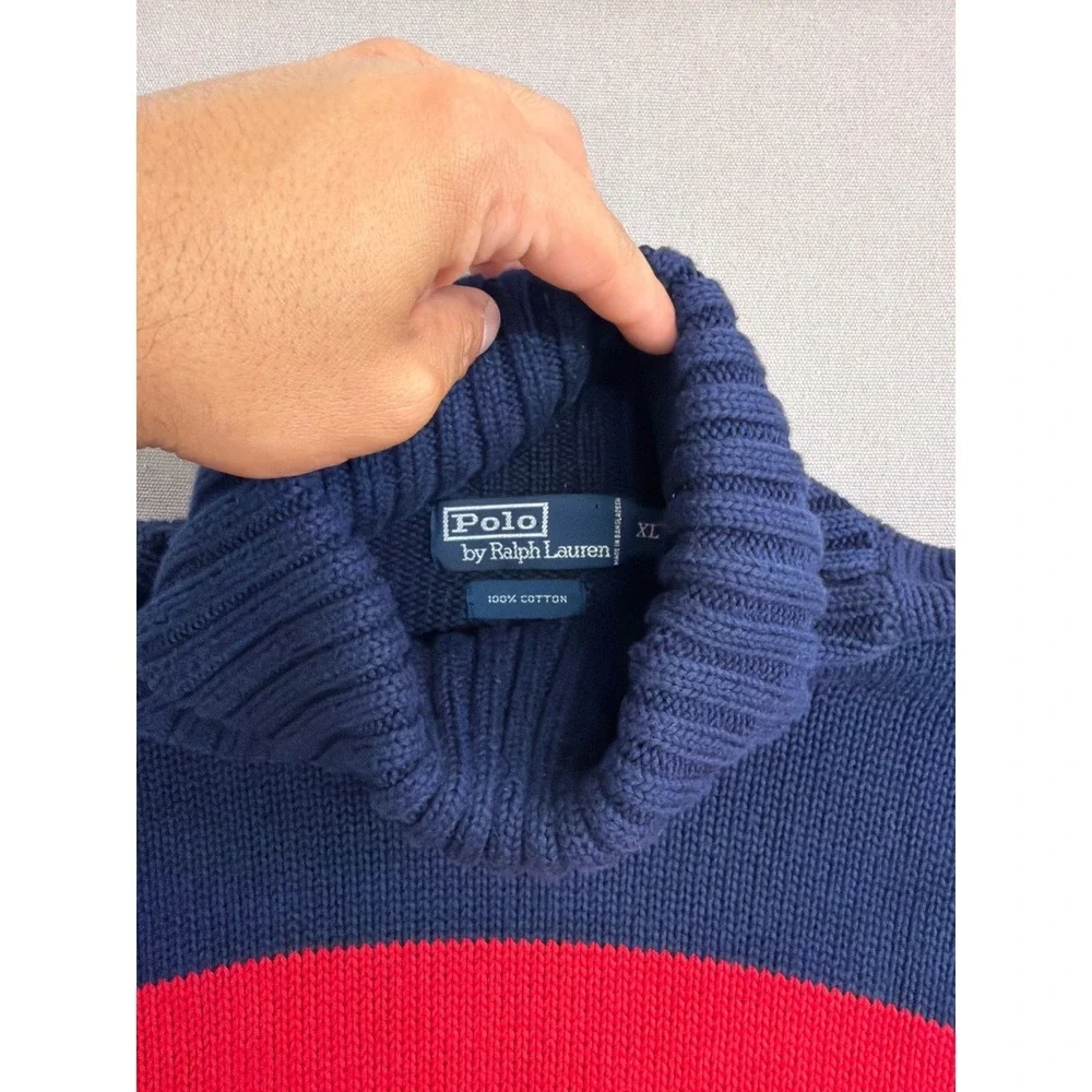 Polo Ralph Lauren Mens XL Turtleneck Sweater Navy Blue Red Stripe Cotton Knit